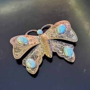Vintage Turquoise Navajo / Mexican Silver Butterfly Brooch Pin